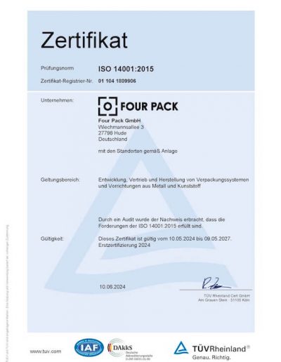 ISO 14001:2015 Zertifikat von FOUR PACK in deutscher Sprache, gültig bis 2027.