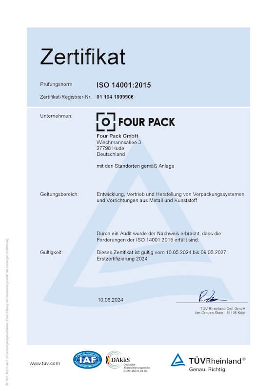 ISO 14001:2015 Zertifikat von FOUR PACK, gültig bis 2027.