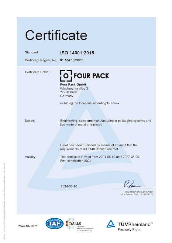 ISO 14001:2015 Zertifikat von FOUR PACK, gültig bis 2027.