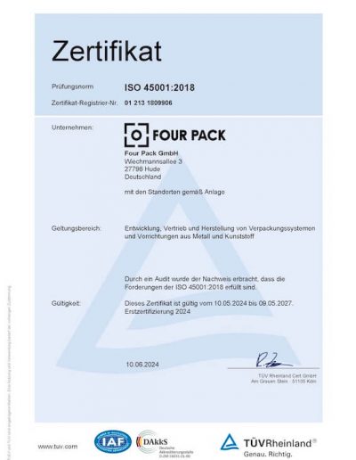 ISO 45001:2018 Zertifikat von FOUR PACK in deutscher Sprache, gültig bis 2027.