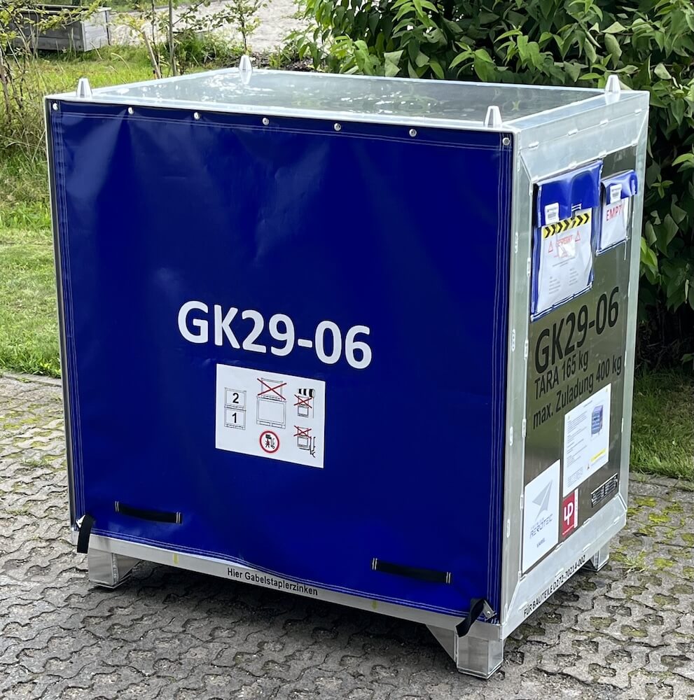 Aluminiumcontainer mit Schubfächern mit geschlossener blauer Frontplane