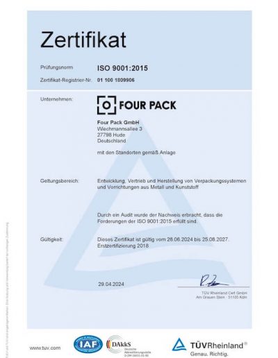 ISO 9001:2015 Zertifikat von FOUR PACK, gültig bis 2027.