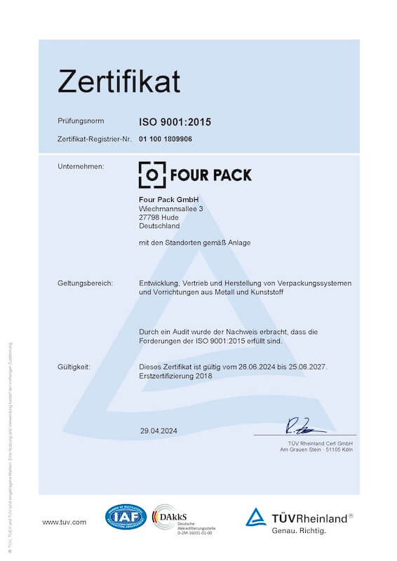 ISO 9001:2015 Zertifikat von FOUR PACK, gültig bis 2027.
