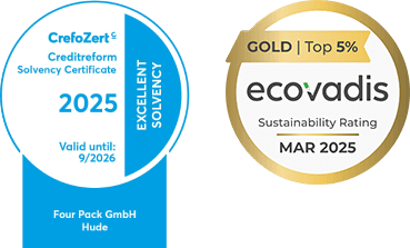 Zertifikate und Mitgliedschaften von FOUR PACK: CrefoZert 2024 für ausgezeichnete Bonität, EcoVadis Gold-Rating 2025 Top 5% Nachhaltigkeit